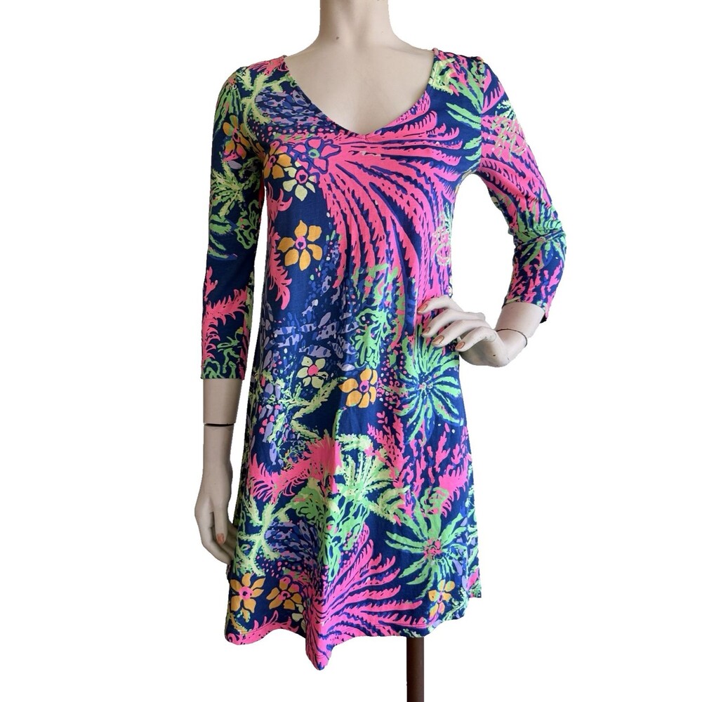LILLY PULITZER Dress 100% Pima Cotton Bright Floral 3/4 Sleeve Size XS